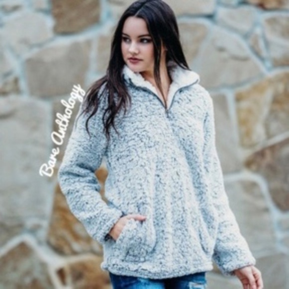 Sweaters - grey teddy fur zipper pocket pullover fall sweater